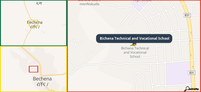 Map showing the address of Bichena Technical and Vocational School in three different zoom levels.