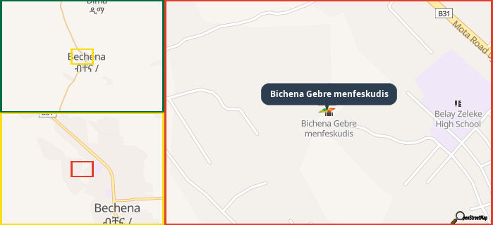 Map showing the address of Bichena Gebre menfeskudis in three different zoom levels.
