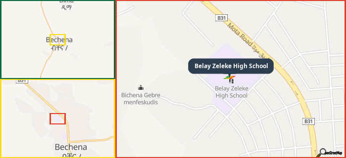 Map showing the address of Belay Zeleke High School in three different zoom levels.