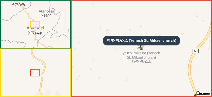 Map showing the address of የነጭ ሚካኤል (Yenech St. Mikael church) in three different zoom levels.