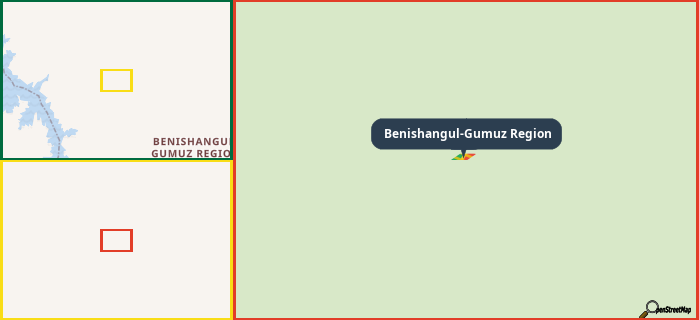 Map showing the address of Benishangul-Gumuz Region in three different zoom levels.