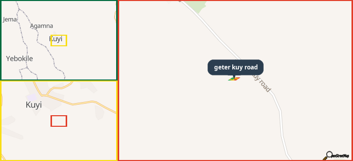 Map showing the address of geter kuy road in three different zoom levels.