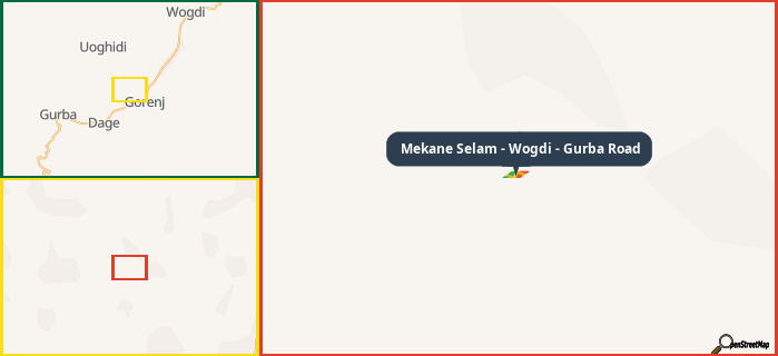 Map showing the address of Mekane Selam - Wogdi - Gurba Road in three different zoom levels.