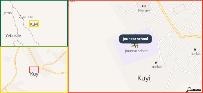 Map showing the address of jounear school in three different zoom levels.