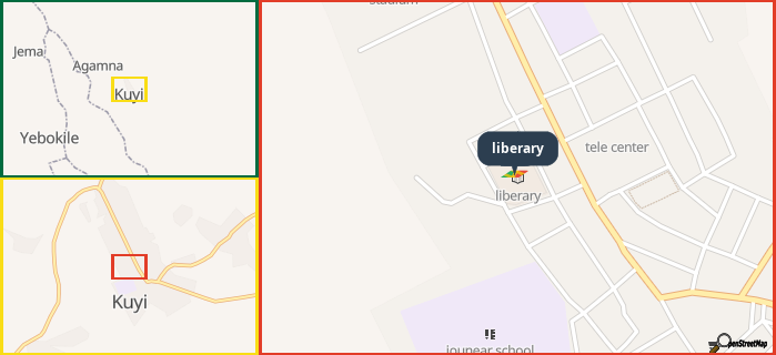 Map showing the address of liberary in three different zoom levels.