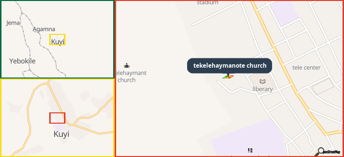Map showing the address of tekelehaymanote church in three different zoom levels.