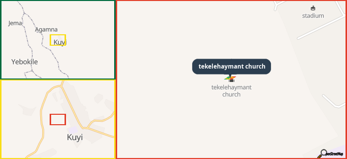 Map showing the address of tekelehaymant church in three different zoom levels.
