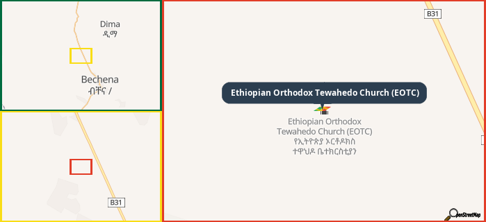 Map showing the address of Ethiopian Orthodox Tewahedo Church (EOTC) in three different zoom levels.
