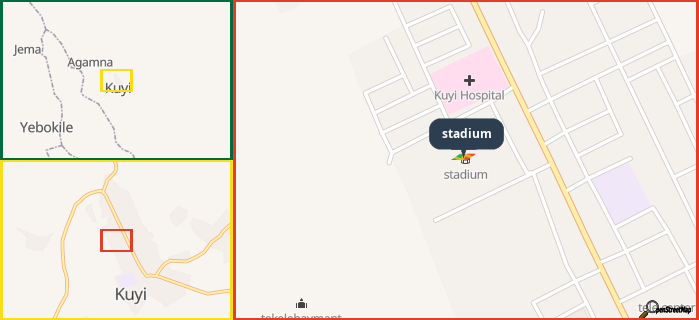 Map showing the address of stadium in three different zoom levels.