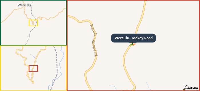 Map showing the address of Were Ilu - Mekoy Road in three different zoom levels.