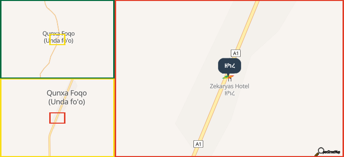 Map showing the address of ዘካረ in three different zoom levels.