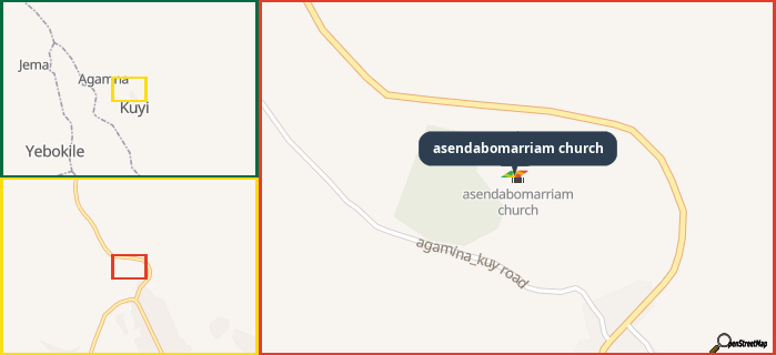 Map showing the address of asendabomarriam church in three different zoom levels.
