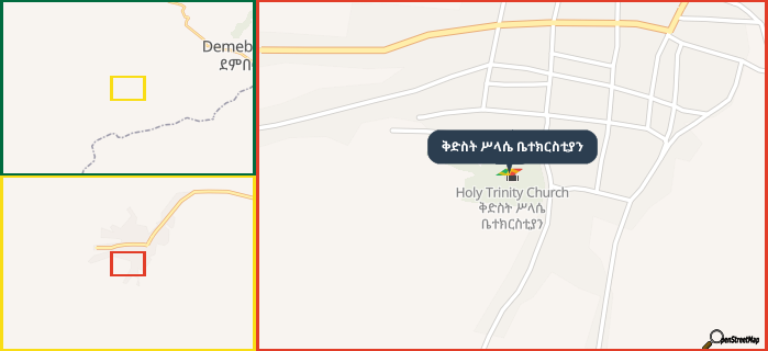 Map showing the address of ቅድስት ሥላሴ ቤተክርስቲያን in three different zoom levels.