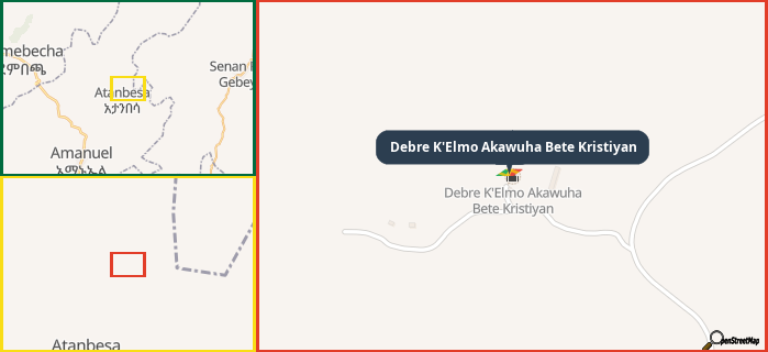 Map showing the address of Debre K'Elmo Akawuha Bete Kristiyan in three different zoom levels.