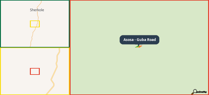 Map showing the address of Asosa - Guba Road in three different zoom levels.