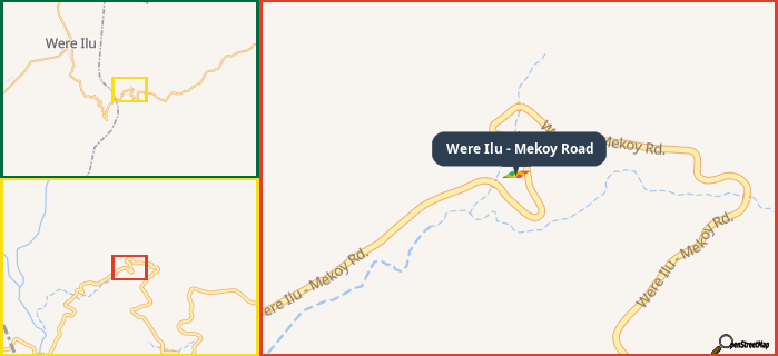 Map showing the address of Were Ilu - Mekoy Road in three different zoom levels.