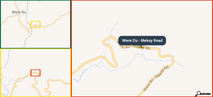 Map showing the address of Were Ilu - Mekoy Road in three different zoom levels.