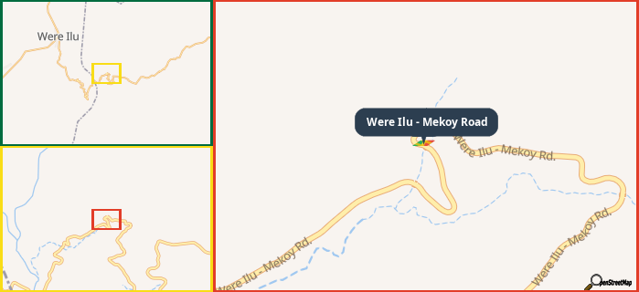 Map showing the address of Were Ilu - Mekoy Road in three different zoom levels.