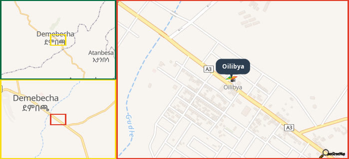 Map showing the address of Oilibya in three different zoom levels.