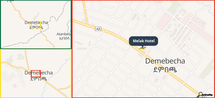 Map showing the address of Melak Hotel in three different zoom levels.