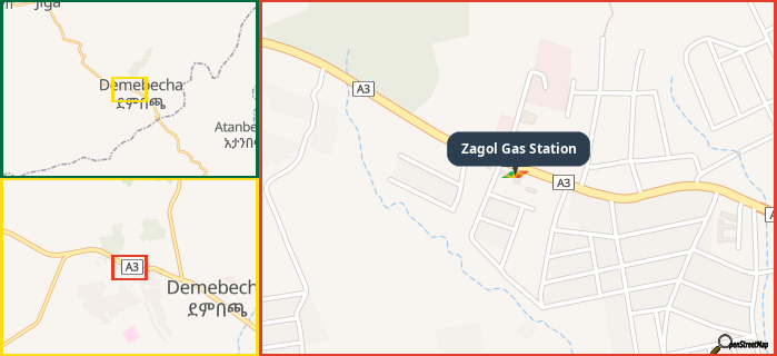Map showing the address of Zagol Gas Station in three different zoom levels.