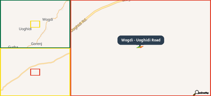 Map showing the address of Wogdi - Uoghidi Road in three different zoom levels.