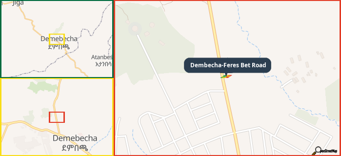 Map showing the address of Dembecha-Feres Bet Road in three different zoom levels.