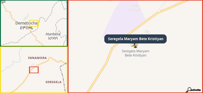 Map showing the address of Seregela Maryam Bete Kristiyan in three different zoom levels.