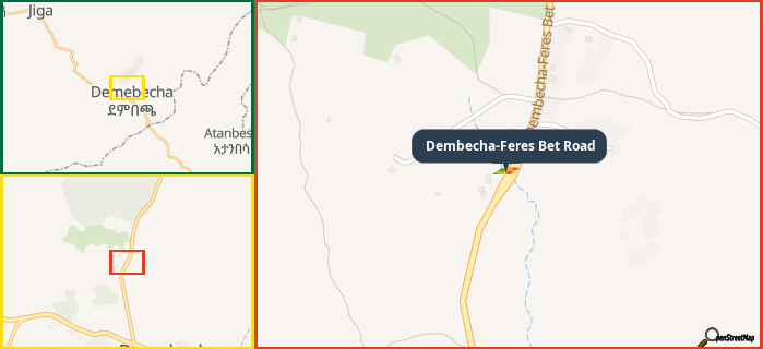 Map showing the address of Dembecha-Feres Bet Road in three different zoom levels.