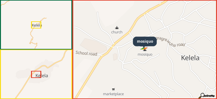 Map showing the address of mosiquo in three different zoom levels.