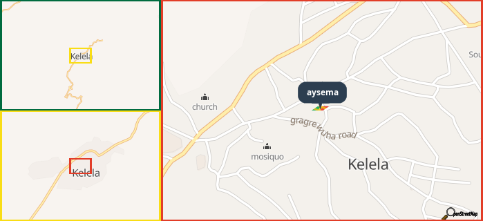 Map showing the address of aysema in three different zoom levels.