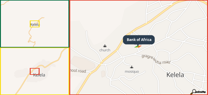 Map showing the address of Bank of Africa in three different zoom levels.