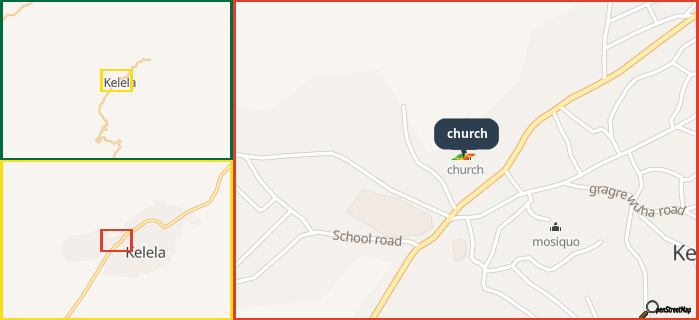 Map showing the address of church in three different zoom levels.