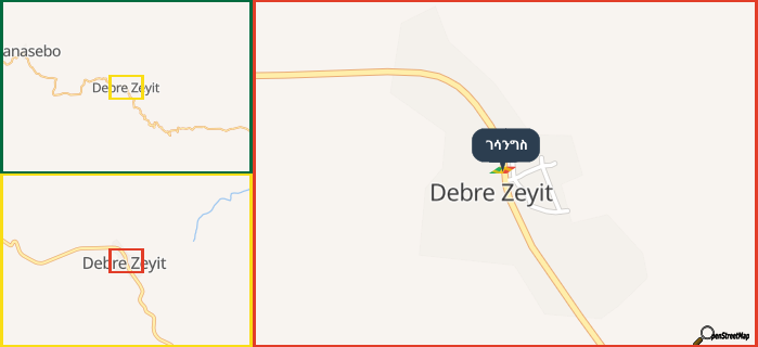 Map showing the address of ገሳንግስ in three different zoom levels.