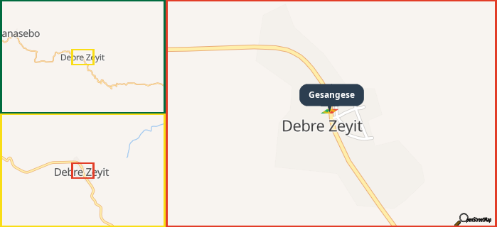 Map showing the address of Gesangese in three different zoom levels.