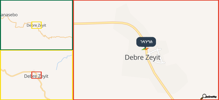Map showing the address of ገሳንግስ in three different zoom levels.