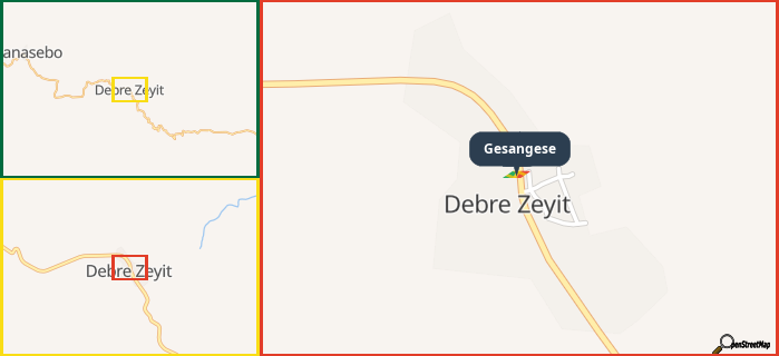Map showing the address of Gesangese in three different zoom levels.