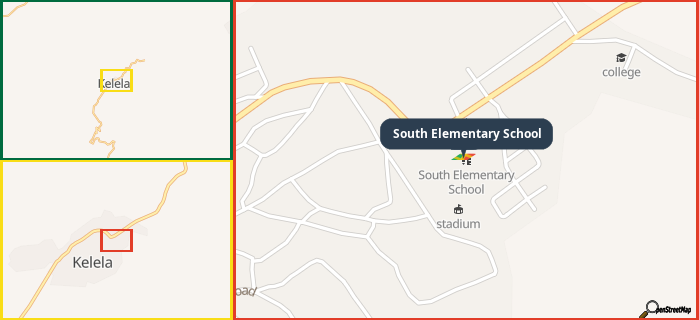 Map showing the address of South Elementary School in three different zoom levels.