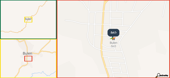 Map showing the address of ቡለን in three different zoom levels.
