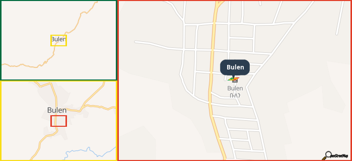 Map showing the address of Bulen in three different zoom levels.