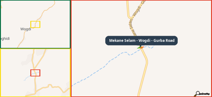 Map showing the address of Mekane Selam - Wogdi - Gurba Road in three different zoom levels.