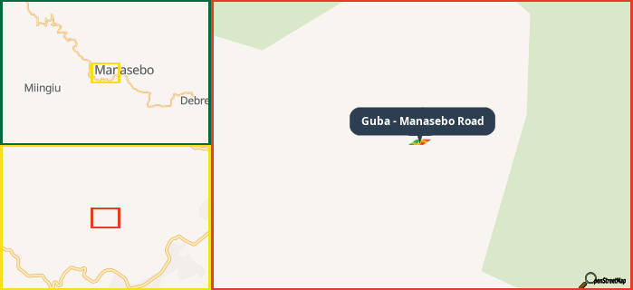 Map showing the address of Guba - Manasebo Road in three different zoom levels.