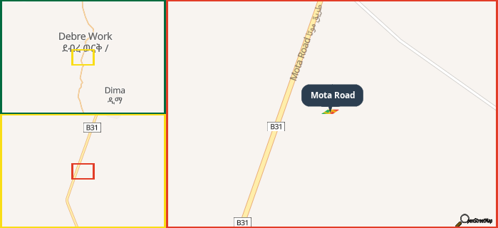 Map showing the address of Mota Road in three different zoom levels.