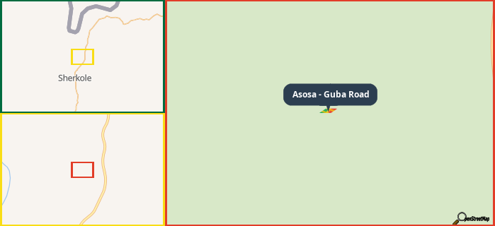 Map showing the address of Asosa - Guba Road in three different zoom levels.