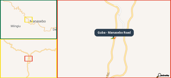 Map showing the address of Guba - Manasebo Road in three different zoom levels.