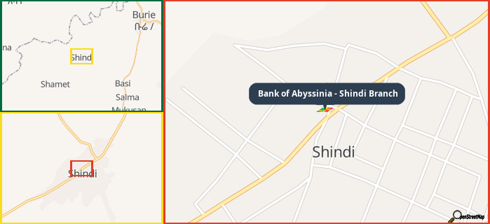 Map showing the address of Bank of Abyssinia - Shindi Branch in three different zoom levels.