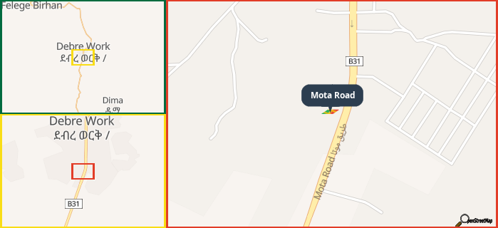 Map showing the address of Mota Road in three different zoom levels.