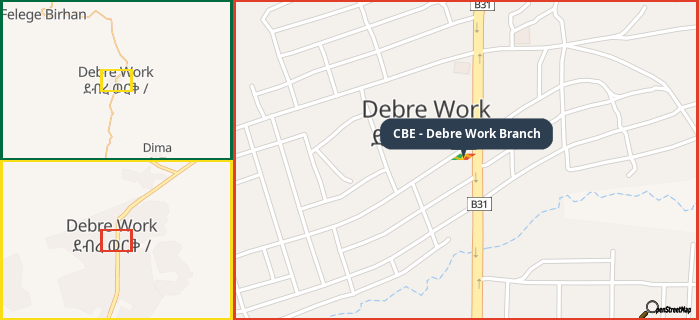 Map showing the address of CBE - Debre Work Branch in three different zoom levels.