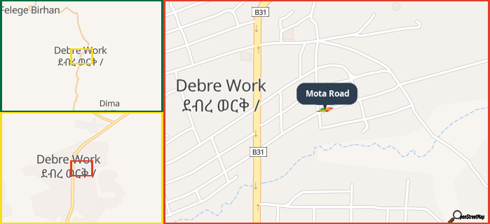 Map showing the address of Mota Road in three different zoom levels.