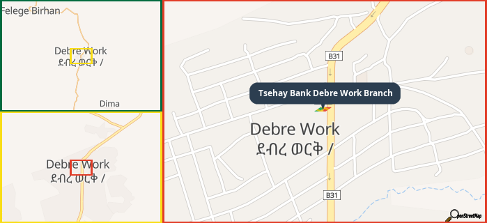Map showing the address of Tsehay Bank Debre Work Branch in three different zoom levels.